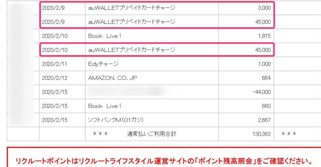 リクルートカードでau PAYにチャージした実績