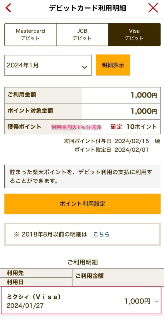 楽天銀行デビットカードでmixi mにチャージして得られた還元率